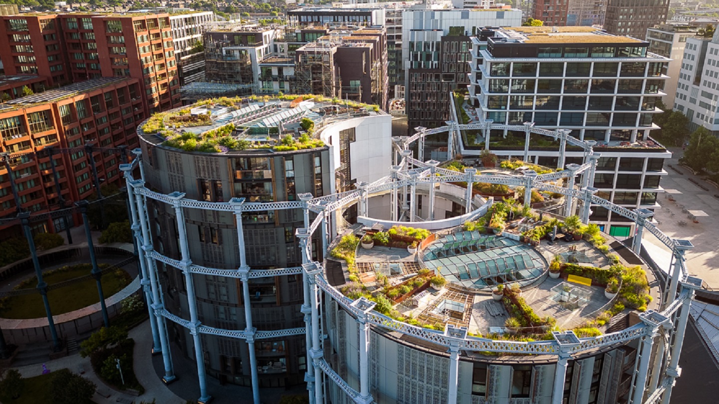 Aerial view of the roof gardens at Gasholder Park, Kings Cross